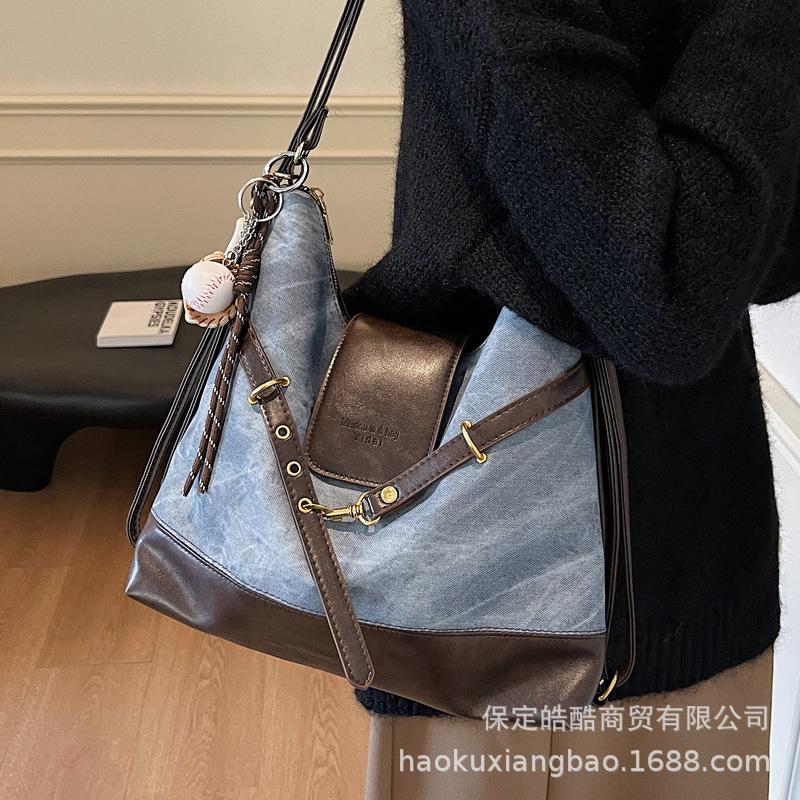 Commuter retro contrasting color large-capacity bag women's 2025 new autumn and winter shoulder messenger bag multi-purpose backpack