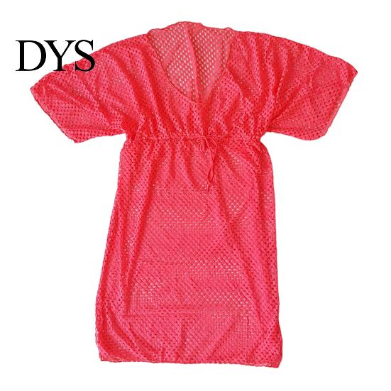 Sheer Swimsuit Cover Up, Drawstring Breathable Mesh Fabric, Short Sleeve Beachwear with Adjustable Waist Side Slit Design, Beach Dress for Summer