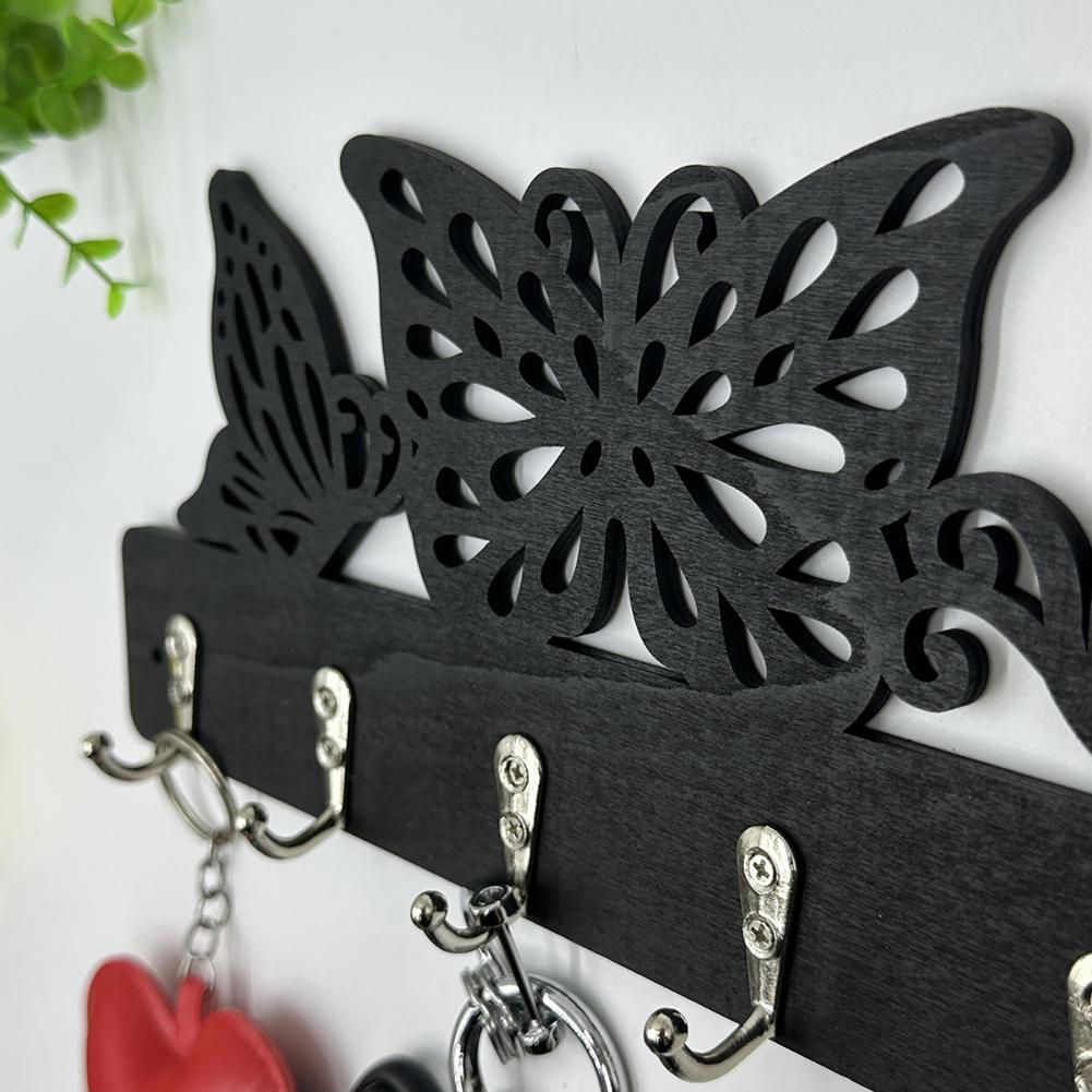 Metal Wall Hook Coat Hook Wall Mount with 6 Metal Hooks Nail-free Key Holder Rack Butterfly Hollow Design Storage for Bags