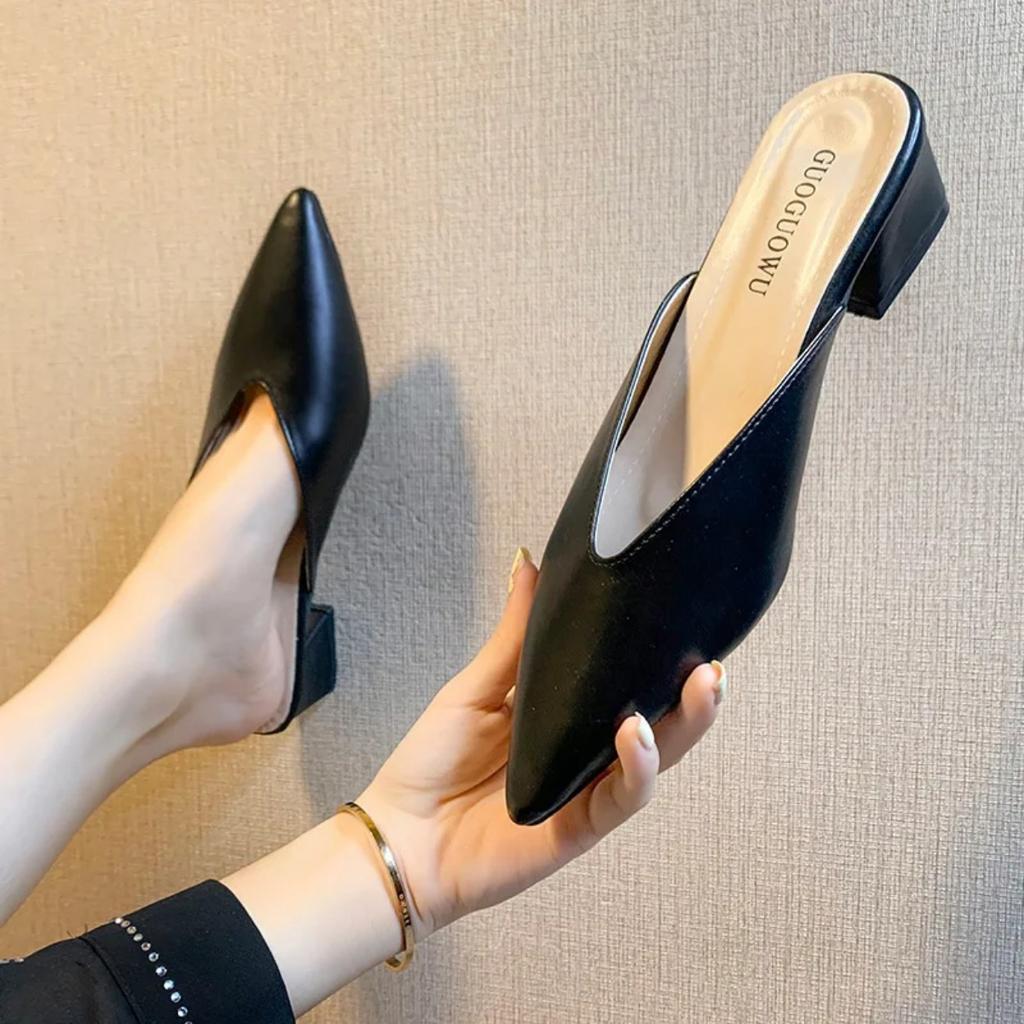 Pointed Slippers Women High Heels New Summer Shoes Fashion Luxury Square Heel Slides Slip Loafers Mules Black Female Party Shoes