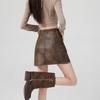 T98 Brown High-Waisted Leather Midi Skirt - Retro Distressed Style for Autumn/Winter