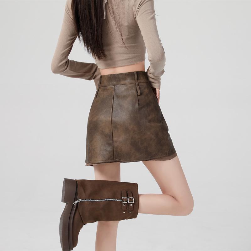 T98 Brown High-Waisted Leather Midi Skirt - Retro Distressed Style for Autumn/Winter