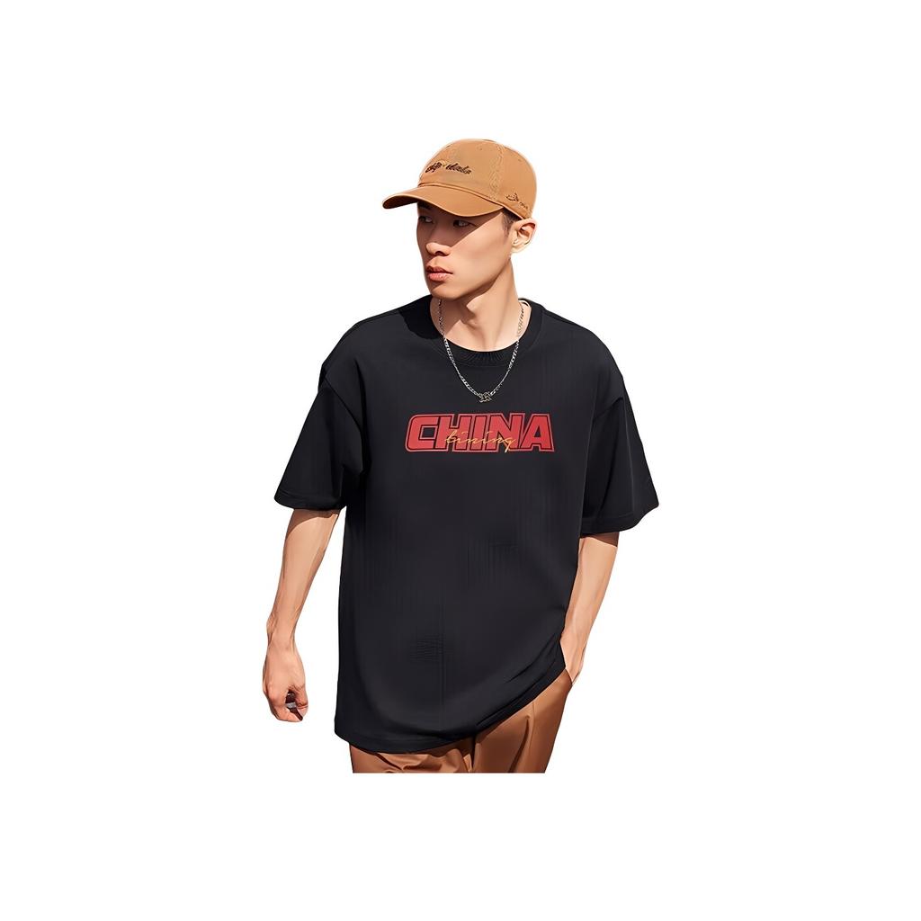 Li Ning Ss23 Letter Print Round Neck Lightweight Running Fitness Short Sleeve T-Shirt Unisex Tops Black YTST053-2