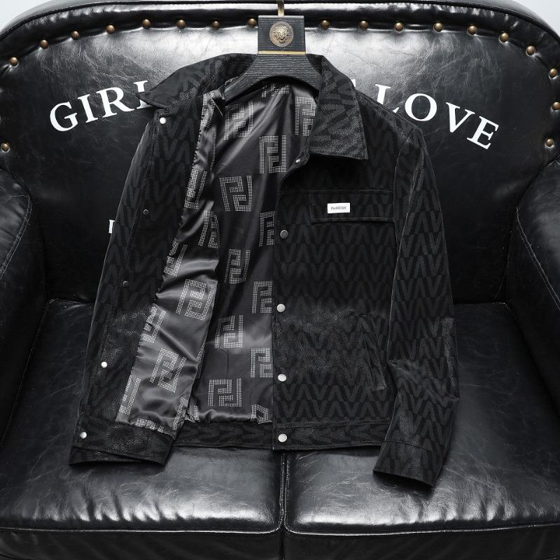 Men's Flocked Leather Jacket New V-neck Leather Jacket Spring, Autumn and Winter Men's Lapel Jacket