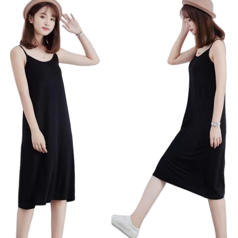 Meishang Langärmeliges Baumwoll-Rundhals-Damen-Camisole ohne Körbchen, Unterwäsche, Mischung, Träger, Kordelzug, Hals, Stretch, Schlicht, Farbe, (Schwarz, L)