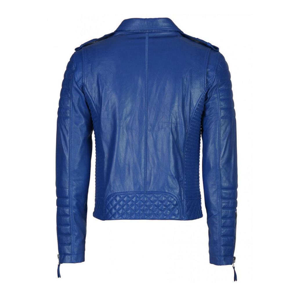 SKINOUTFIT Men Motorcycle Leather Jacket Genuine Royal Blue Lambskin Café Racer Biker Outerwear