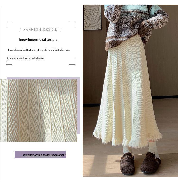 Women's High-Waisted Woolen Tassel Knitted A-Line Midi Skirt for Autumn and Winter