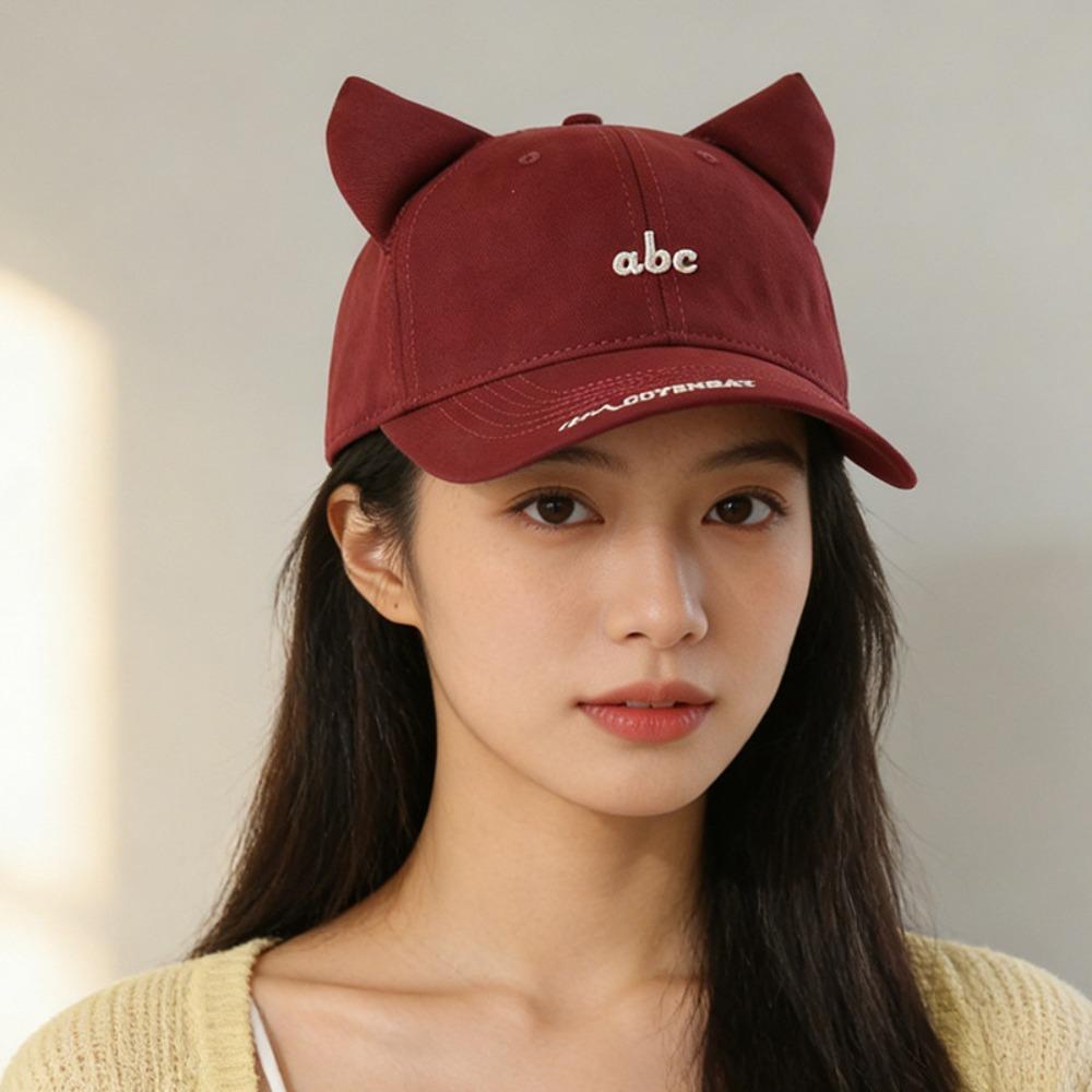 

Trendy Hat Korean Style Cat Eared Baseball Cap Cute Design Adjustable Strap Outdoor Hat Letter Embroidery Sports Hat Casual Wear 55-60cm вино красного