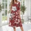 Women’s Casual Round Neck Three Quarter Sleeve Floral Print Midi Dress for Daily and Wear Loose Fit Comfortable Style