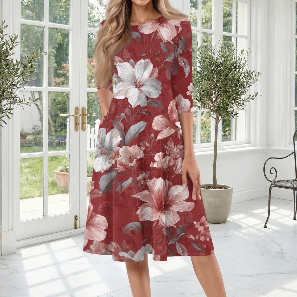 Women’s Casual Round Neck Three Quarter Sleeve Floral Print Midi Dress for Daily and Wear Loose Fit Comfortable Style