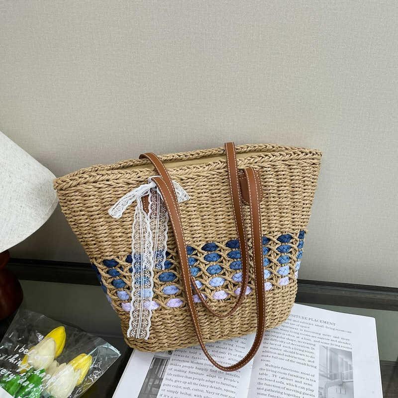 Large capacity vegetable basket bag women's summer new woven straw bag commuter seaside vacation beach bag