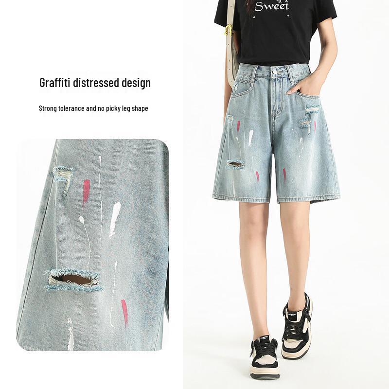 ET BOITE Women s Ripped Graffiti High-Waist Denim Shorts M