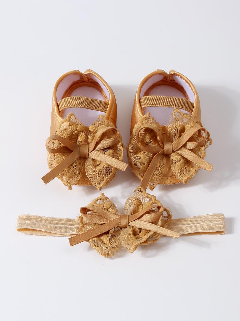 Elegant Lace Pearl Tulle Bow Baby Crib Shoes Matching Stretch Headband Set, Non-Slip Flexible Sole Toddler First Walkers Princess Outfit Accessory