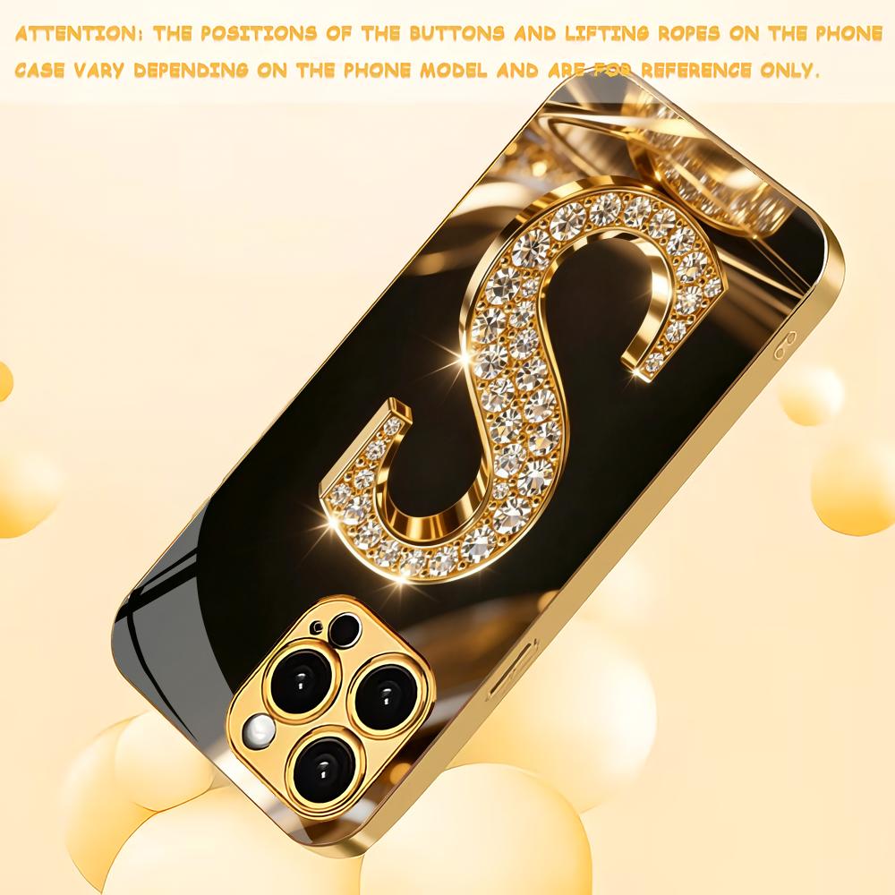 Diamond Studded Letter S Pattern Electroplated Glass Phone Case Suitable for iPhone 17 16 15 14 13 12 11 Pro/Max/Plus Shockproof