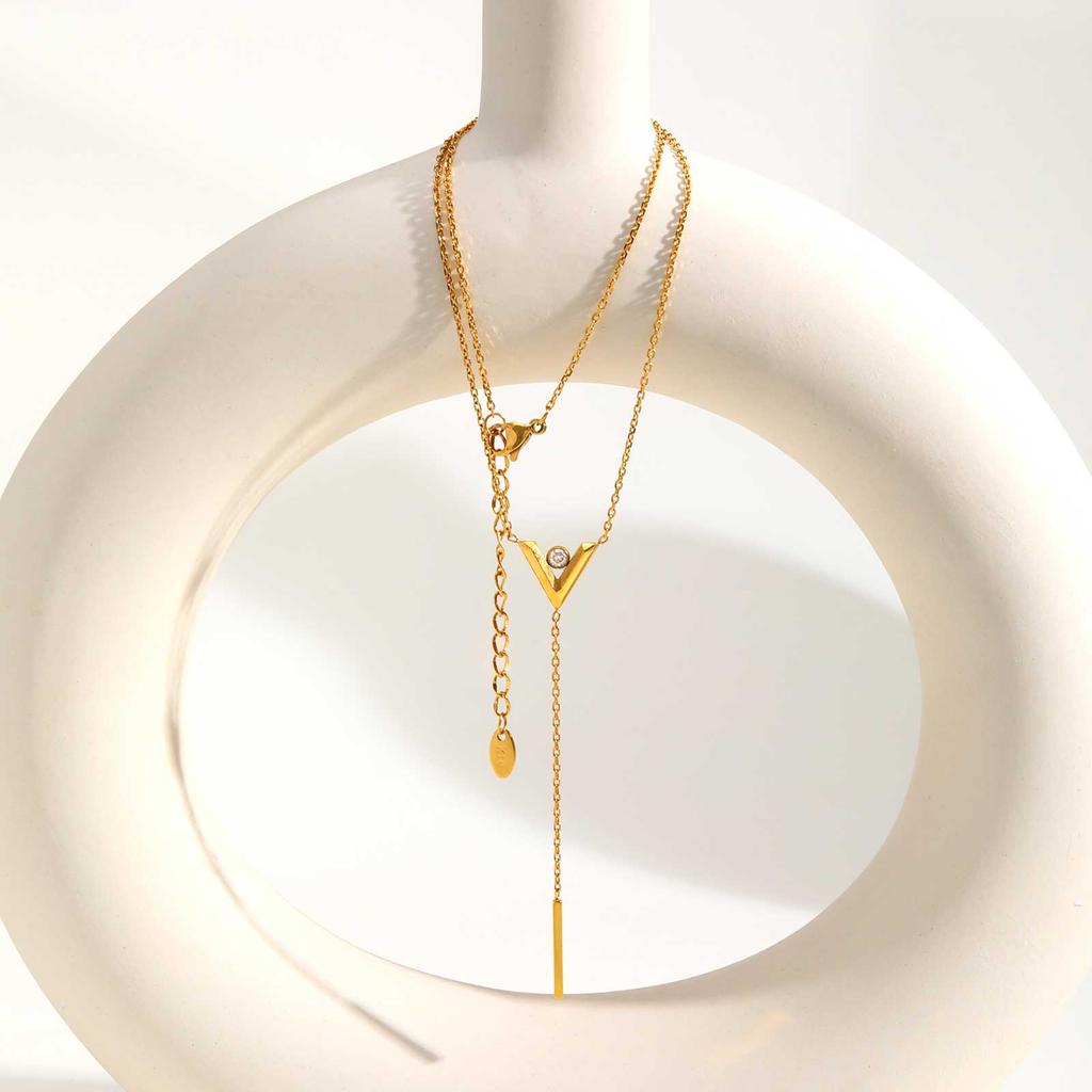 Fashion Minimalist Y-Shaped Long Tassel Necklace, Gold-color Stainless Steel V Necklace, Holiday Party Jewelry for Women Gift