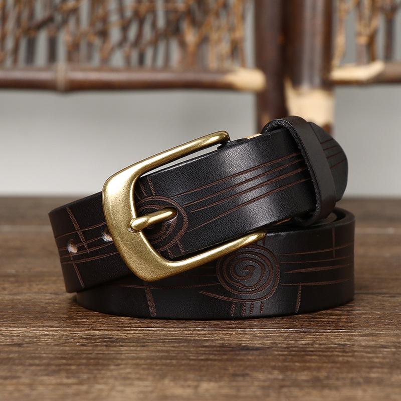 3.3Cm Wide Retro Personalized Embossed Belt Men'S Genuine Leather First Layer Cowhide Fashion Trend Casual Copper Buckle Belt