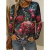 T-shirt da donna con stampa floreale 3D elegante a rose, maniche lunghe, scollo rotondo, vestibilità regolare, ideale per vacanze, weekend, primavera e autunno.