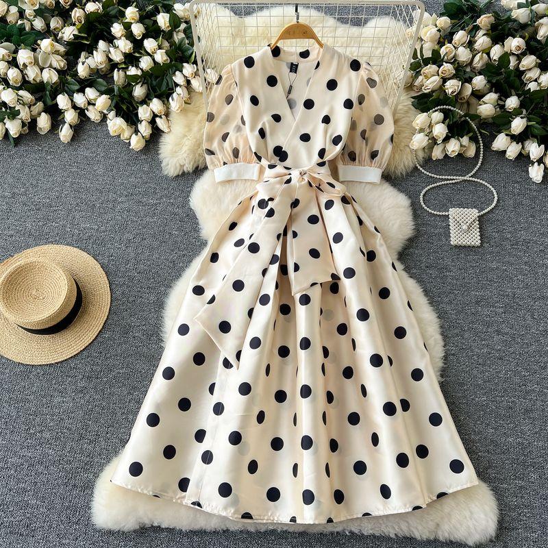

Dinner Dress Female High-End Affordable Luxury Socialite Puff Sleeve Dress Stylish Waist Trimming Lace up Puffy French Dress Apricot M