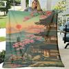 Japanese-Inspired Sunset Cherry Blossoms And Mountain Flannel Throw Blanket 280GSM Super Soft Pilling, Machine Washable, 4 Sizes (30X40 To 152.4X203.2