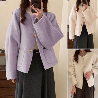 Fall Winter Women Jacket Crew Neck Single-breasted with Side Pockets Loose Short Type Woolen Jacket Shopping Commuting Daily Coat
