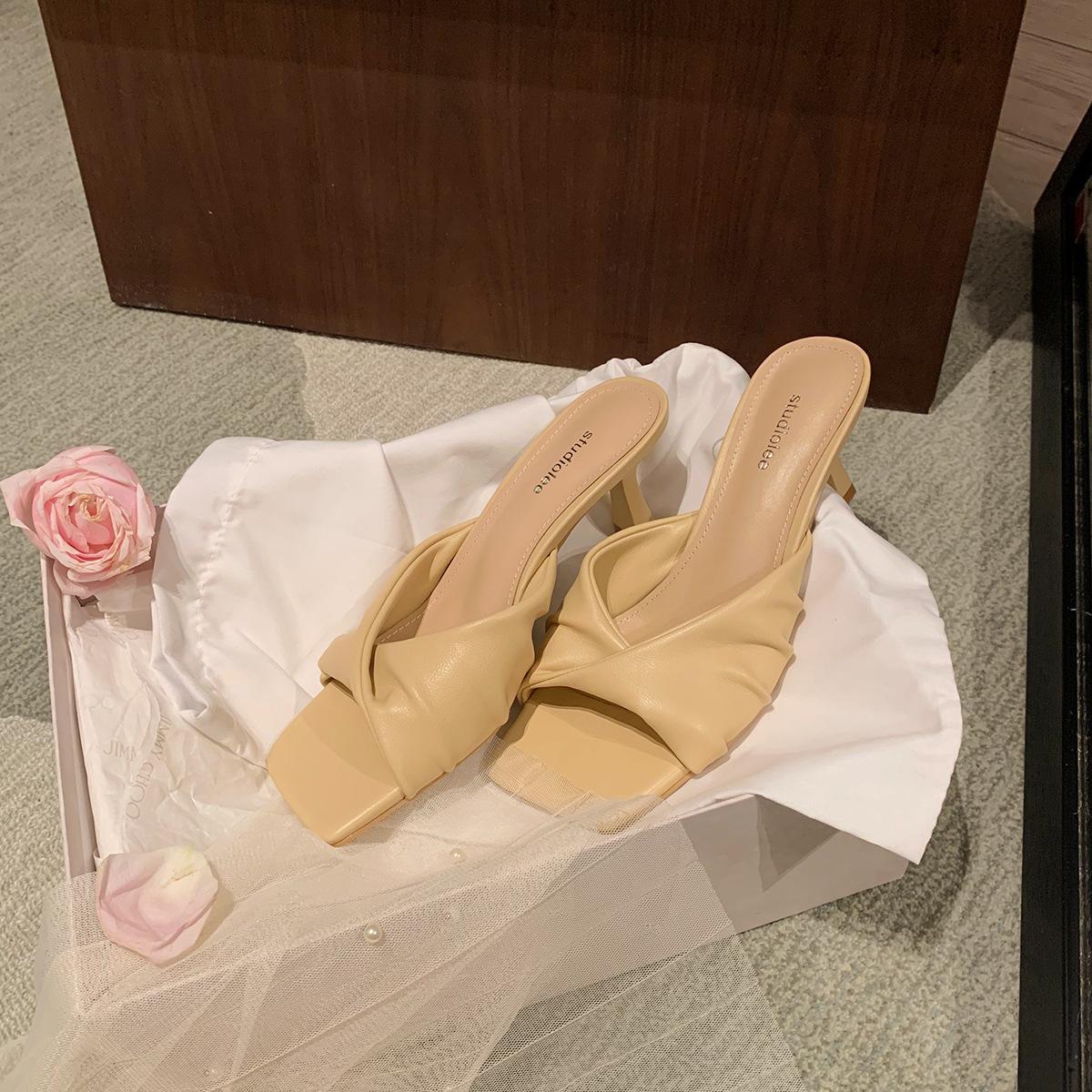 

Sheepskin~ Grape Mom 7cm French Square Head Folds One Word with Muller Half Slippers Femininity Commuter High Heel Sandals 40 абрикосовый