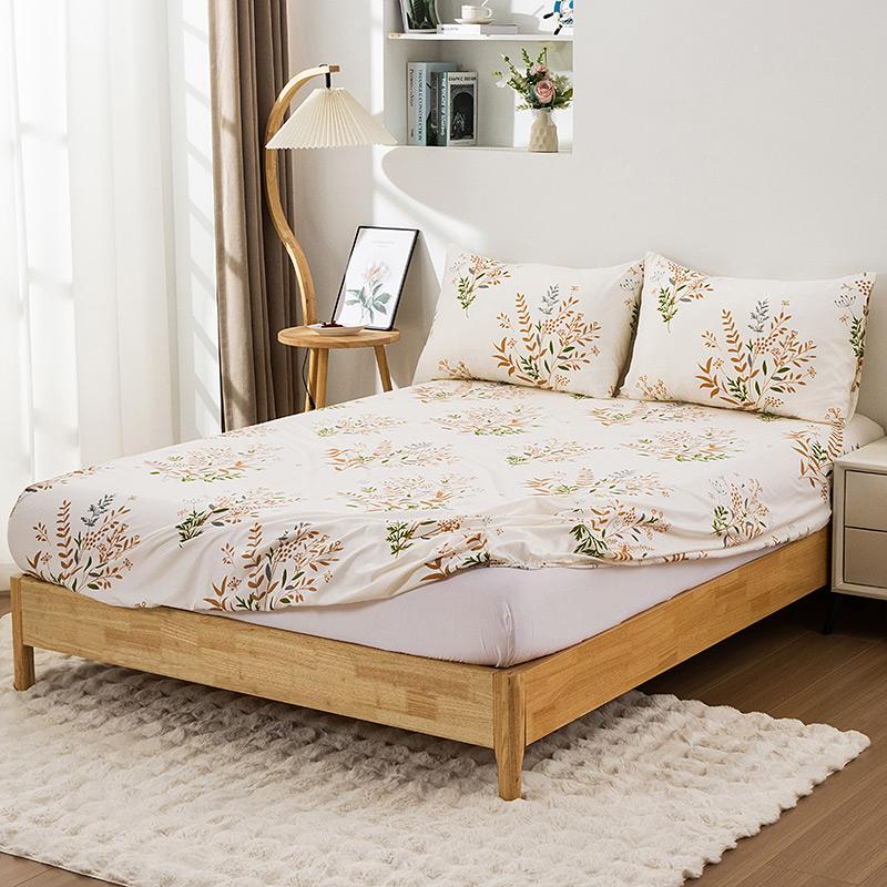 3Pc Brown Leaf Fitted Sheet Comfortable Bedding Set 100%Polyester 1Fitted Sheet 2Pillowcase No Pillowcore Flower Patterns