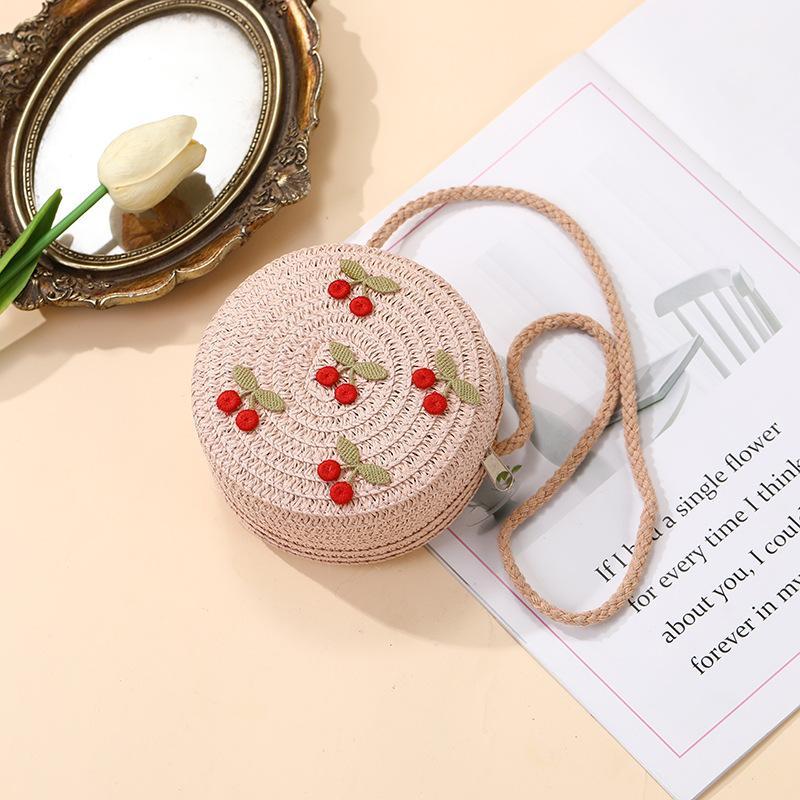 Kinder faltbare gewebte Strohtasche Sommer Mädchen Umhängetaschen Rote Kirschen Kinder Handtaschen Strand Reise Crossbody Taschen Kleine Geldbörsen