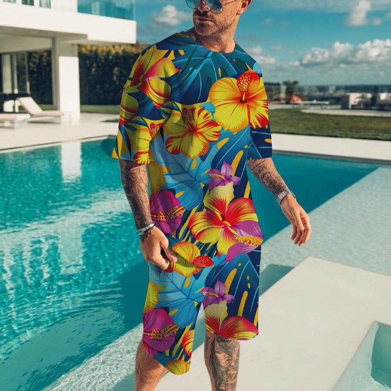 Hawaïaanse Herenset Casual T-shirt Strandbroek Pak Dagelijks Stijlvol Heren Top met Korte Mouwen Outdoor Vakantie Heren T-shirts Korte Tweedelige Set
