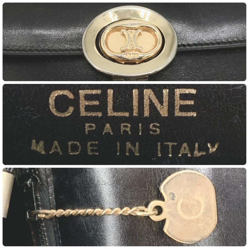 CELINE Vintage Macadam Triomphe Gold Hardware Flap One Semi Shoulder Bag Leather Black Women's Men's Unisex