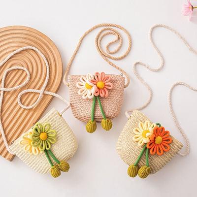 Sweet Straw Woven Children's Messenger Bag Zipper Lightweight Coin Purse Kids Shoulder Bag