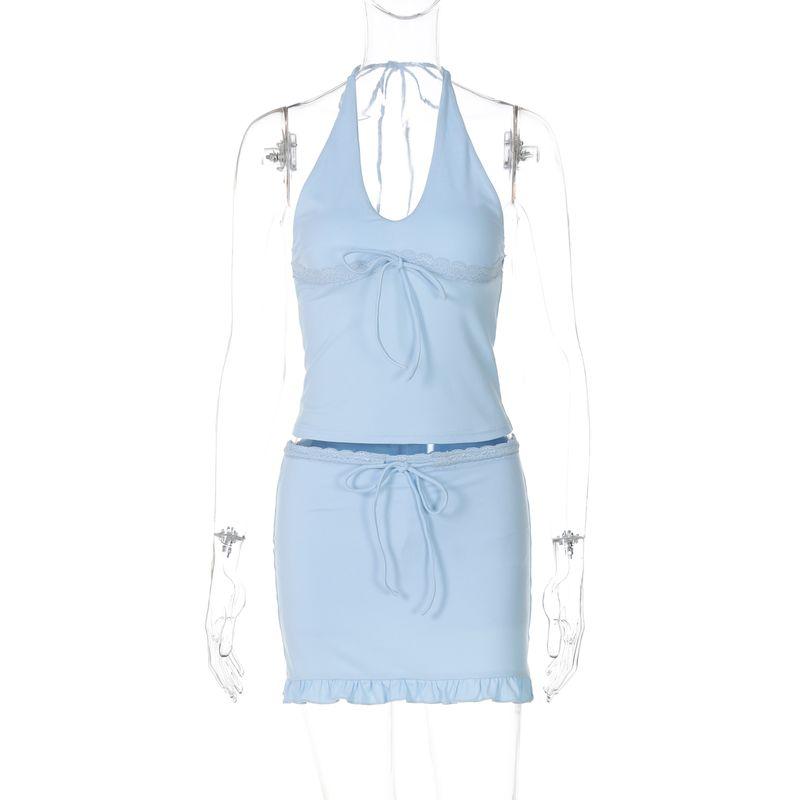 

Shemoda Fashion Style Fashion Suit Women s Lace Patchwork Halterneck Vest + Elastic Waist Lace Pantskirt Two-piece Set Blue S