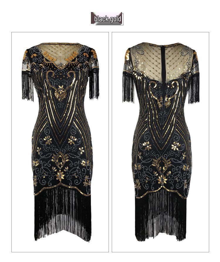 Vintage 1920s Sequin Beaded Ball Gown with Embroidery & Tassels - Plus Size Cocktail Dress
