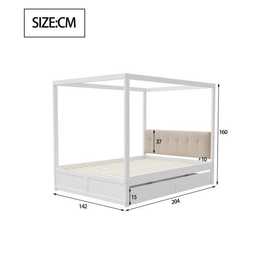 Cama com Dossel 140x200cm com Gavetas Grandes e Cabeceira Macia, Cama de Quatro Postes, Cama de Madeira Branca, Forte Capacidade de Carga