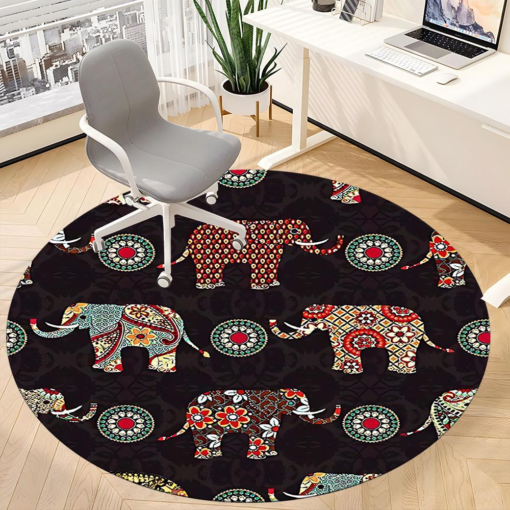 1PC Elephant Mandala Office Round Area Rug, Mat Suitable For Office, Under Office Chairs Bedroom Living Room Home Decor, Room Deco