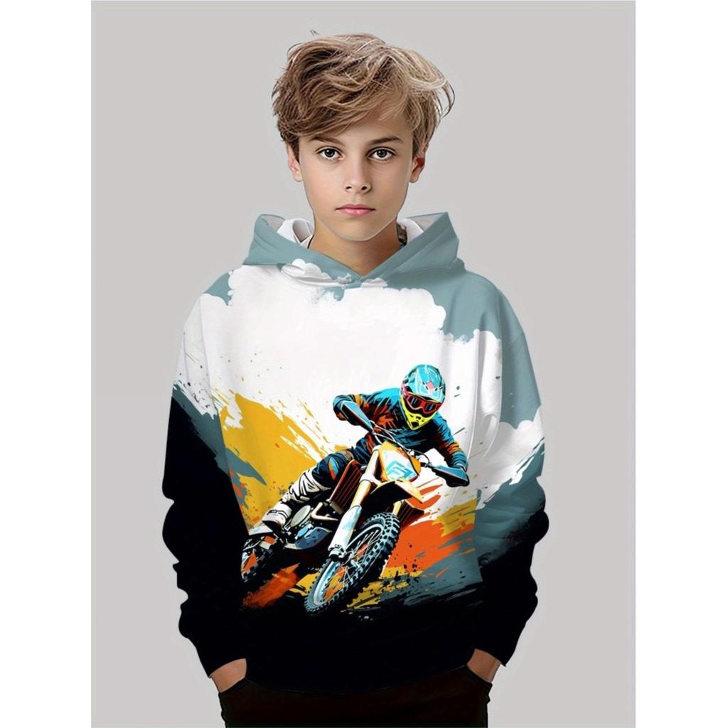 Boys' Motorcycle Hoodie, Ideal Gift for Young Riders, Dynamic Print Design, Sports Enthusiasts