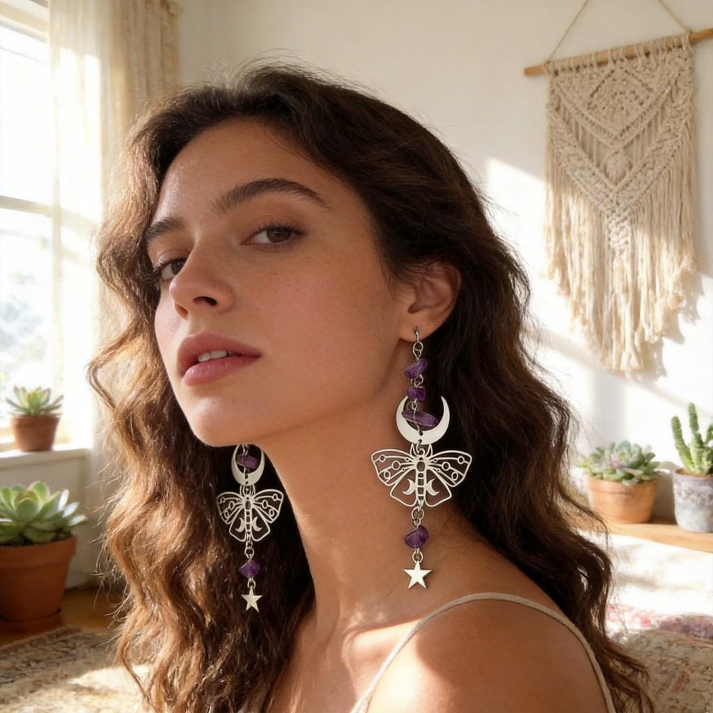 Amethyst Silver Moon Shape Earring With Asymmetric Design For Women Fashion Jewelry