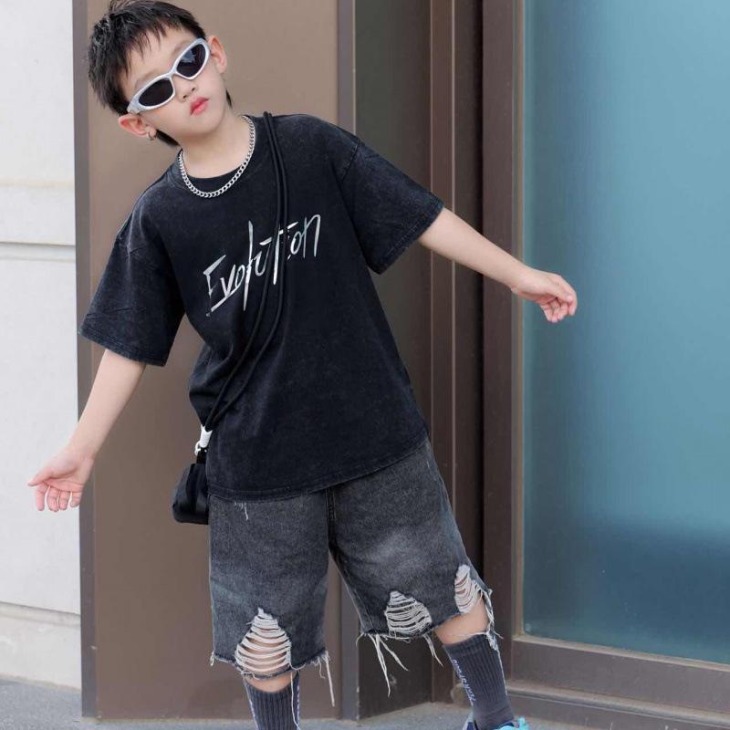 Boys Cotton Vintage T Shirt Cool Short Sleeve Top For Middle Kids Concert Ins Fashion
