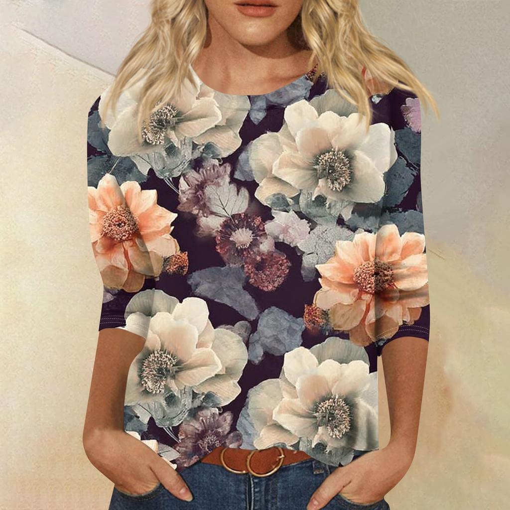 Women's Fashion Casual Round Neck Three Quarter Sleeve Printed T-Shirt Top