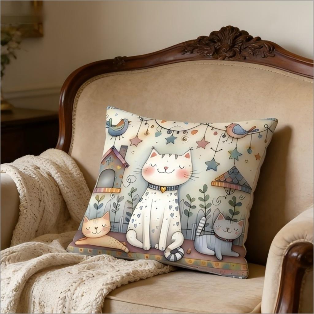 Cute Cartoon Cats Pillow Cover Whimsical Kitten Bird Print Cushion Case For Sofa Couch Boho Kids Room Cat Lover Home Decor Gift