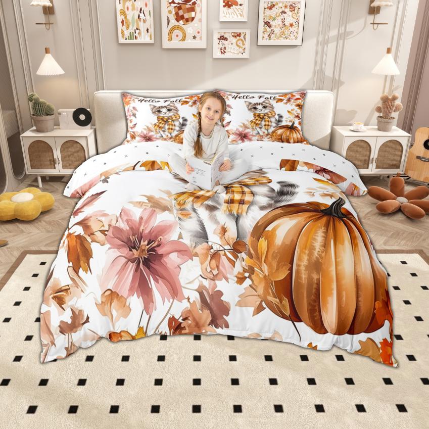 Homewish Watercolor Pumpkin Duvet Cover Set, Hello Fall Bedding Set, Thanksgiving Day Comforter Cover Set