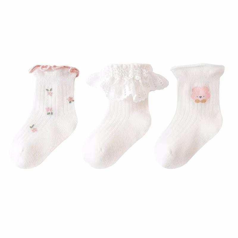

3 пары/комплект носков для девочек, летние тонкие сетчатые детские носки с оборками и кружевом для девочек, хлопковые детские танцевальные носки принцессы, весна-лето 0-5 лет L(3-5y)