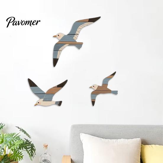 3D Wooden Bird Wall Hanging 3/4Pcs Seagull Decor, Nautical Coastal Theme Art, Natural Wood Texture Decor Adhesive Sculpture for Home Bedroom