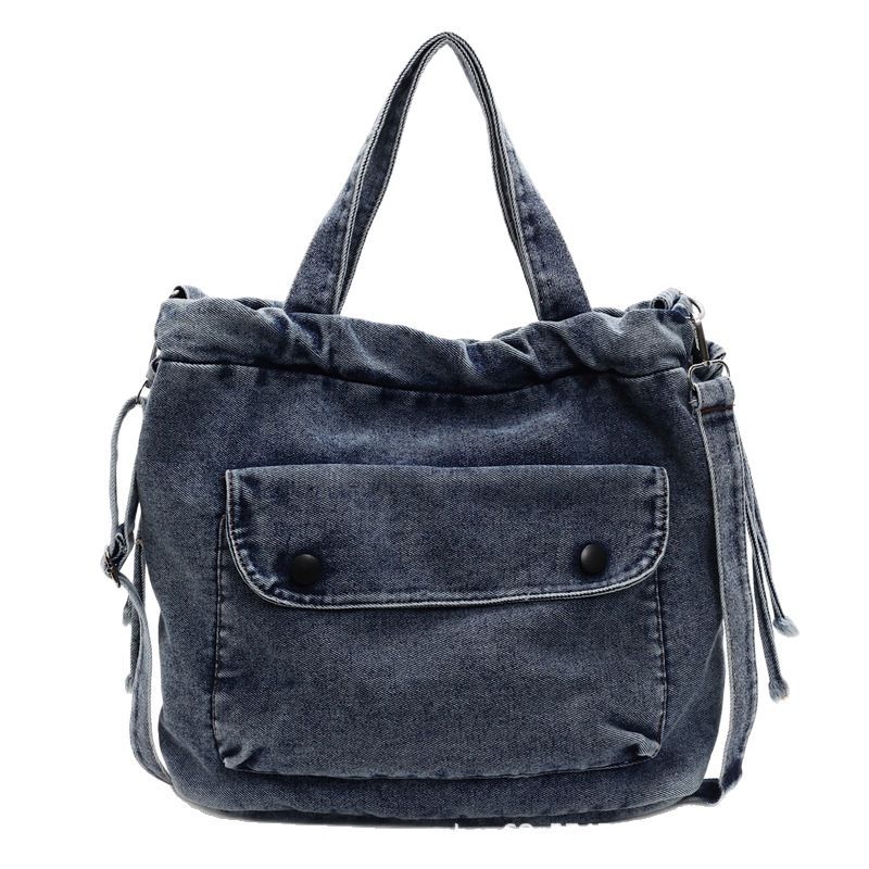 2025 New Pleated Drawstring Large Capacity Simple Commuter Bag Fashion Crossbody Bag Vintage Denim Shoulder Bag