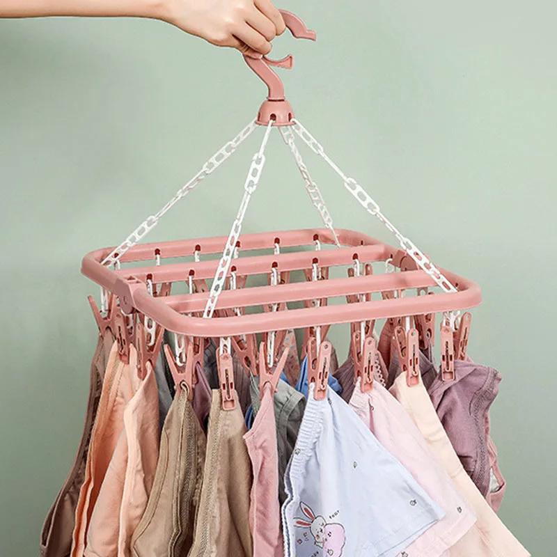 Pink 32 Clips Clothes Drying Hanger,PP Windproof Clothespin for Underwear Sock,Household Foldable Multi-functional Laundry Racks