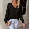Fashion Long Sleeved V-neck Hollow Out Pullover Sweater Women Lace Loose Casual Top Solid Color Knitted Ladies Sweaters Autumn Winter Office Clothing