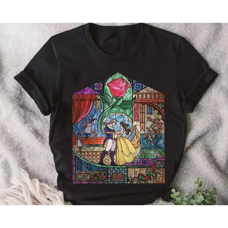 Beauty and The Beast Stained Glass Rose Print Womens TShirt New Casual Fashion Unisexs and Womens Plus Size Loose Couple