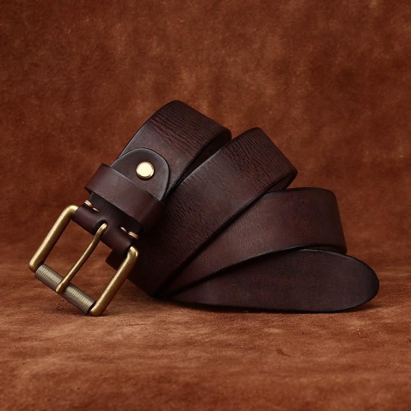 3.8Cm Wide Leather First Layer Cowhide Belt Men'S Washed Retro Matte Pin Buckle Jeans Copper Buckle Belt Men'S