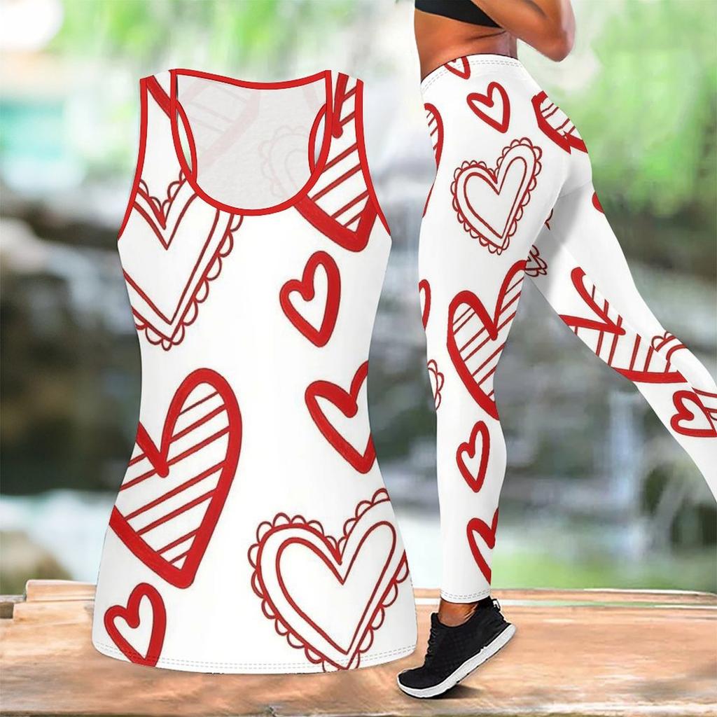 Completo Yoga Stampato a Forma di Cuore per Donna Moda Leggings da Allenamento Fitness Sportivo Set Yoga Casual Tuta Sportiva Esclusiva per San Valentino