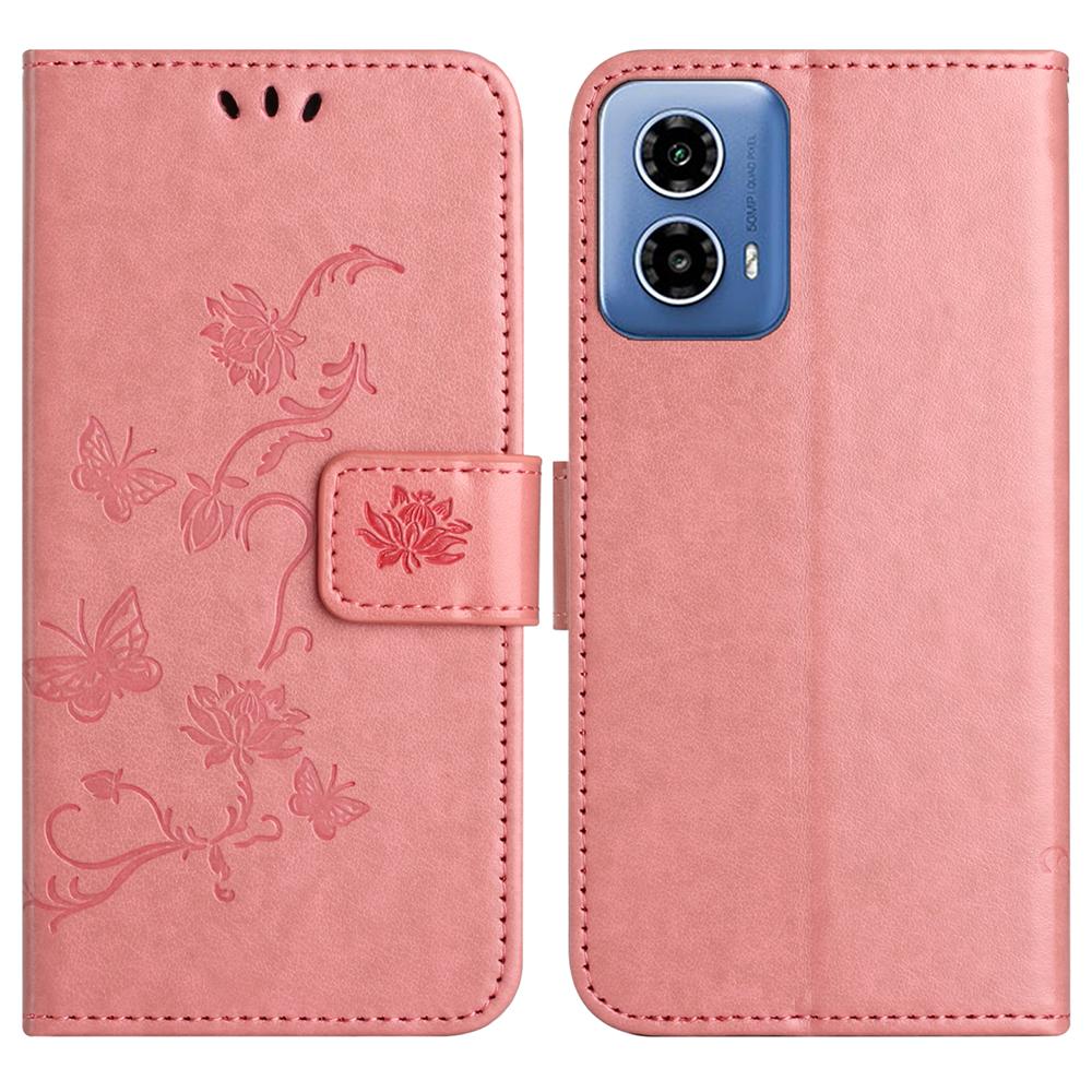 

For Motorola Moto G35 5G Case Wallet Stand Imprinted Butterfly Flower PU Leather Phone Cover Pink