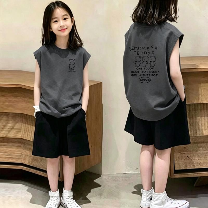 Girls' Sleeveless Cotton Vest & T-Shirt Set - Casual Summer Two-Piece for Medium & Large Girls